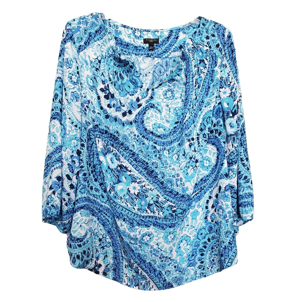 Talbots Petites Blue Paisley Split Neck 3/4 Sleeve Tunic Size XLP